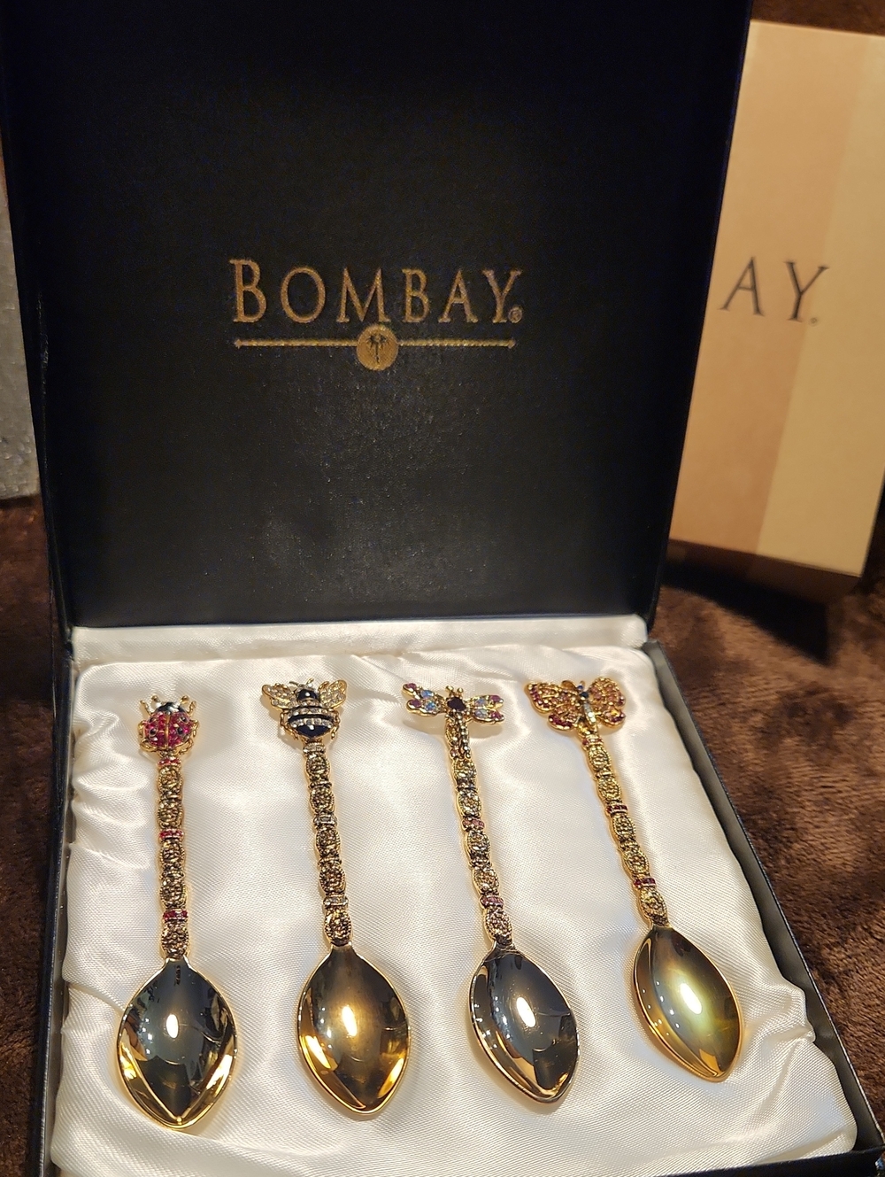 Bombay GoldTone Bee, Butterfly,lady Bug. Decorative Spoon Set W/ Colorful Jewels